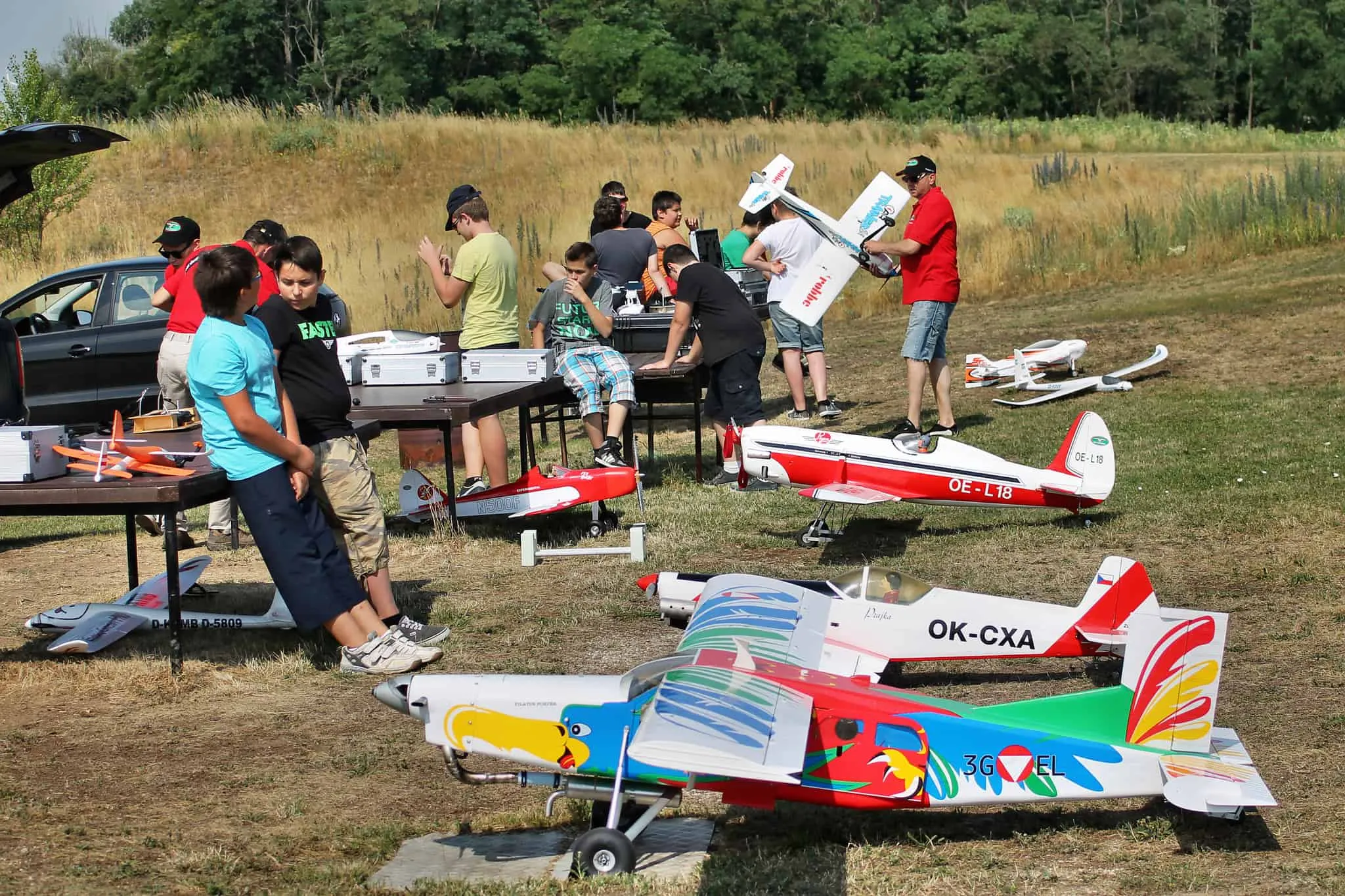Ein Kind steuert ein Flugmodell am Modellflugplatz
